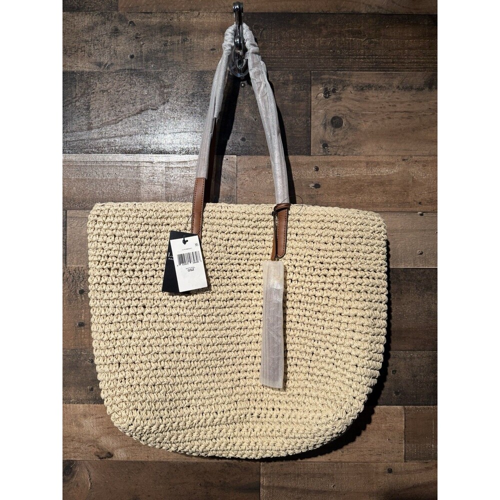 NWT Lauren RALPH LAUREN Crochet-Straw Medium Whitney Tote Natural/Lauren Tan - Picture 5 of 16